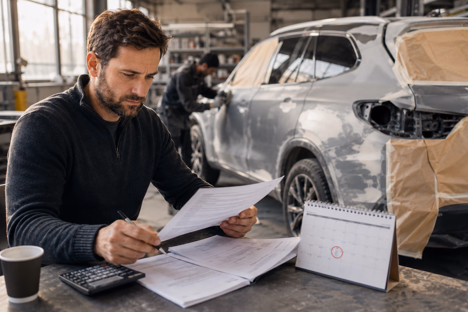 Conducteur examinant son contrat de leasing devant son SUV familial garé en concession, avec un calendrier marqué &quot;fin de contrat&quot;