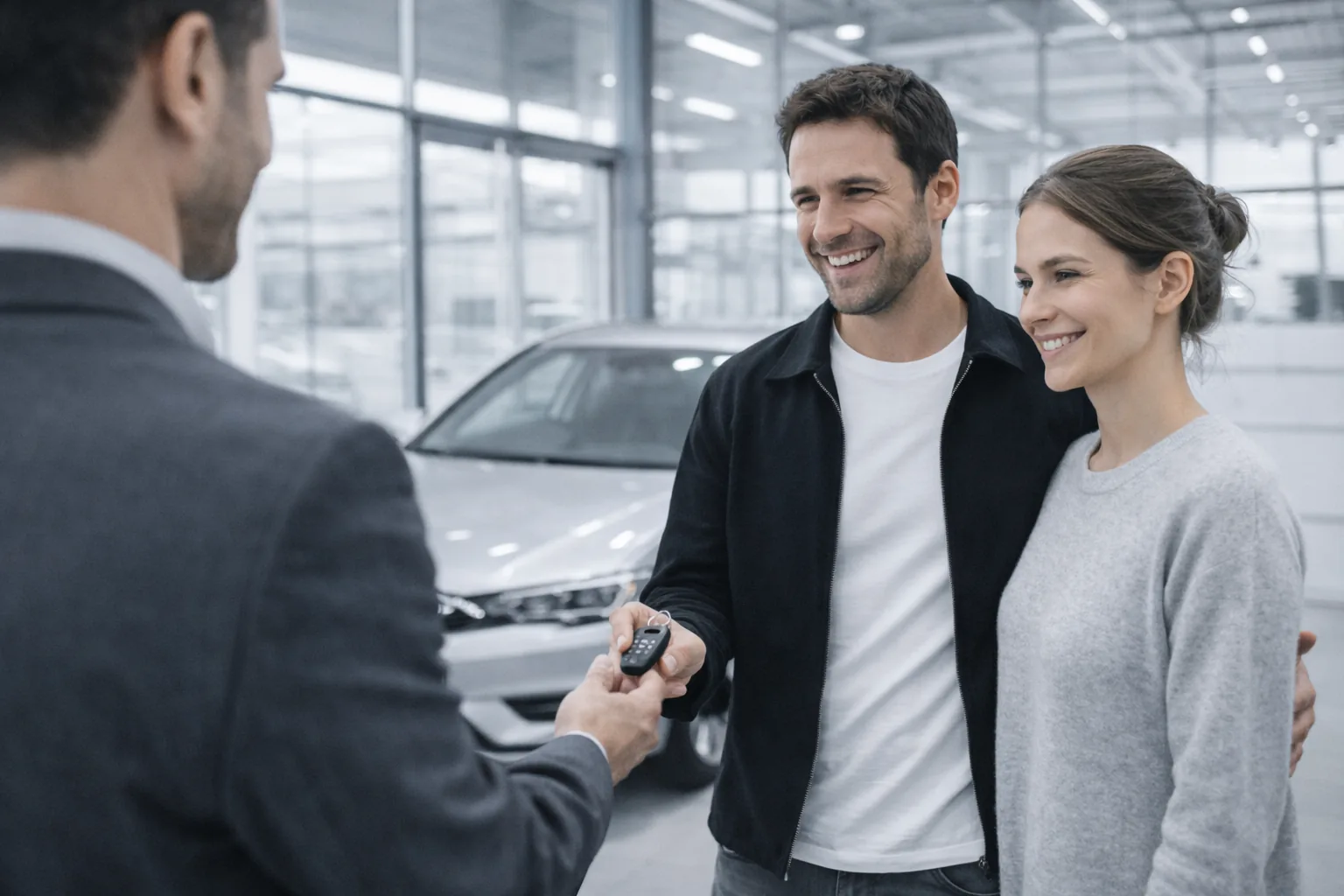 Couple souriant remettant les clés de leur véhicule