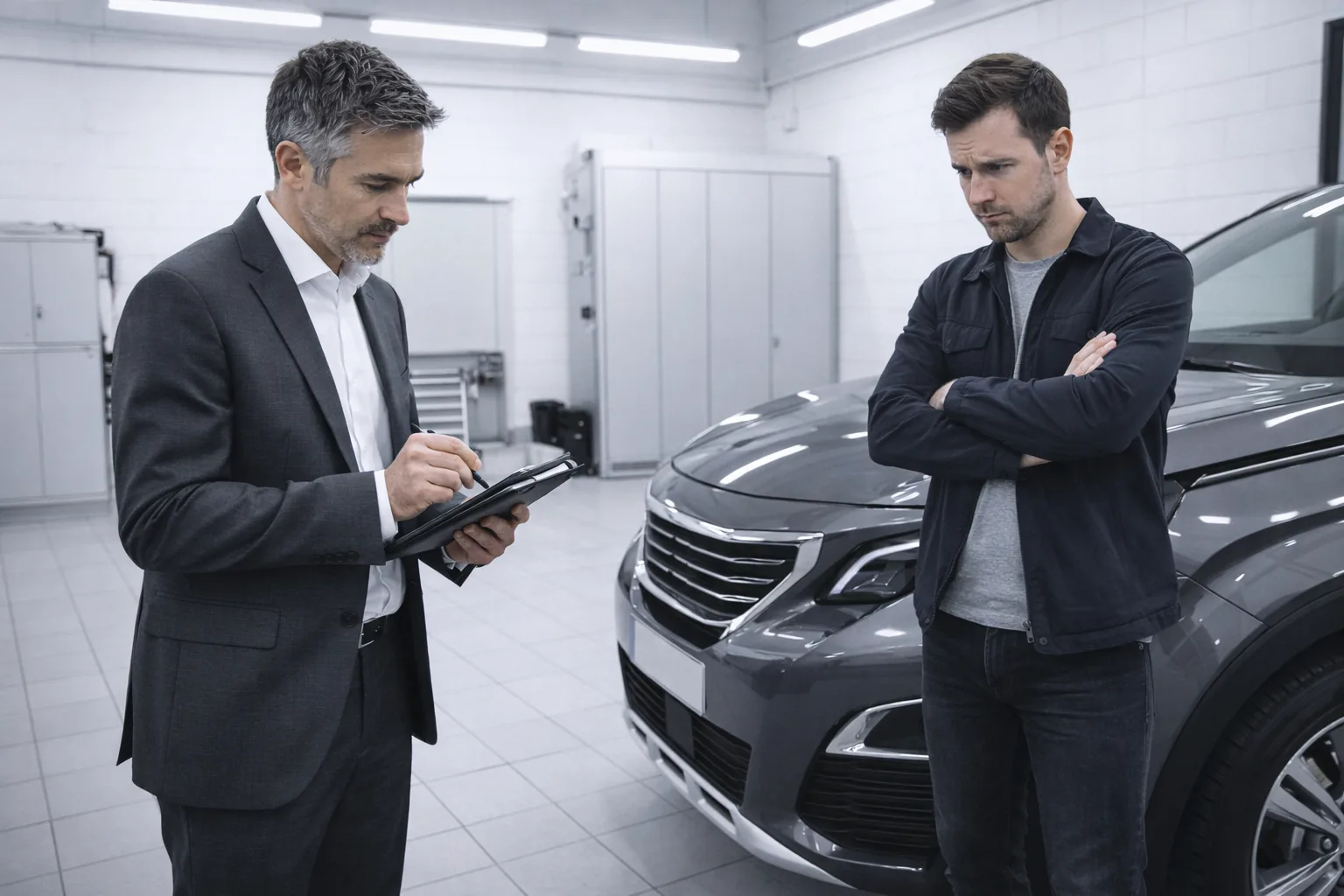 Expert automobile inspectant un véhicule lors de la restitution LOA