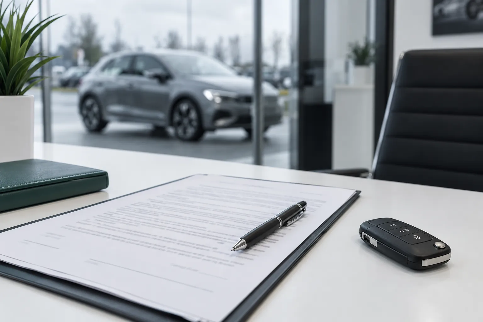 Contrat de LOA, stylo et clé de voiture sur un bureau de concession