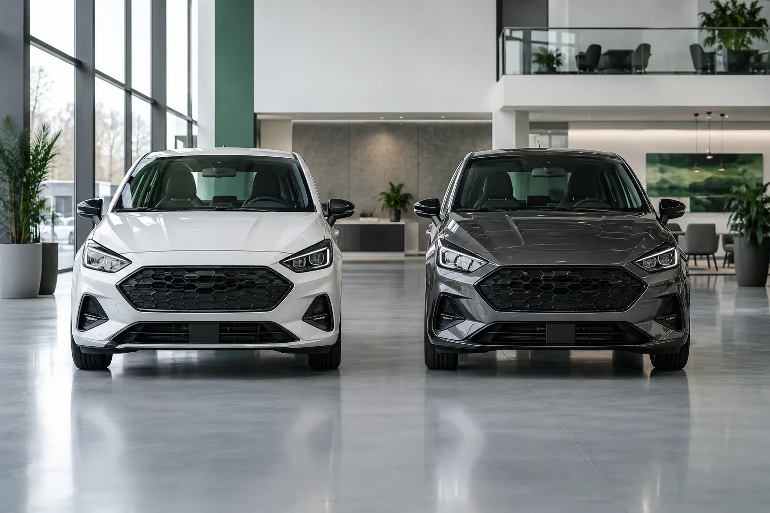 Deux voitures compactes côte à côte dans un showroom, l'une en LOA, l'autre en LLD