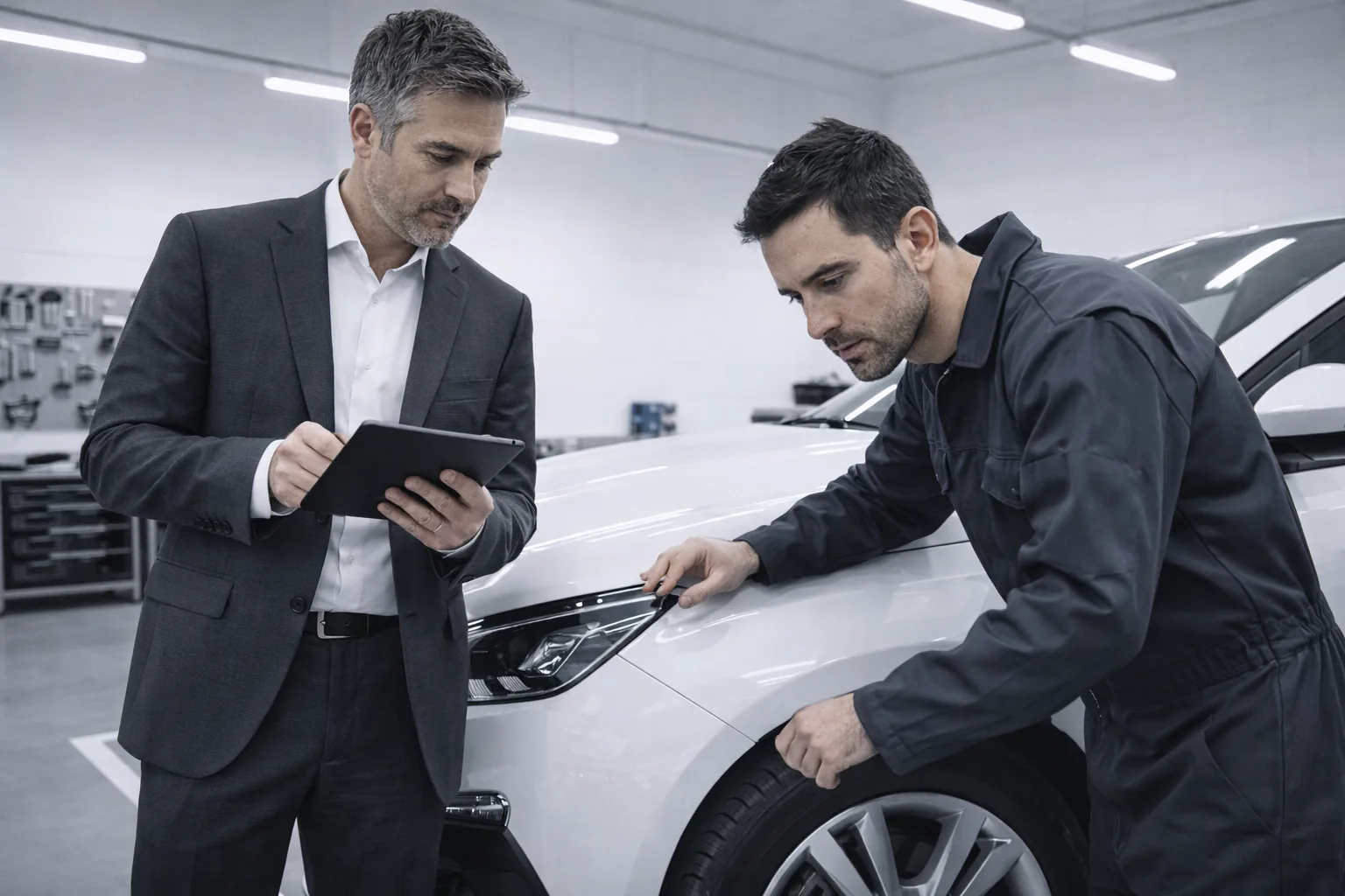 Gestionnaire de flotte et carrossier inspectant un véhicule