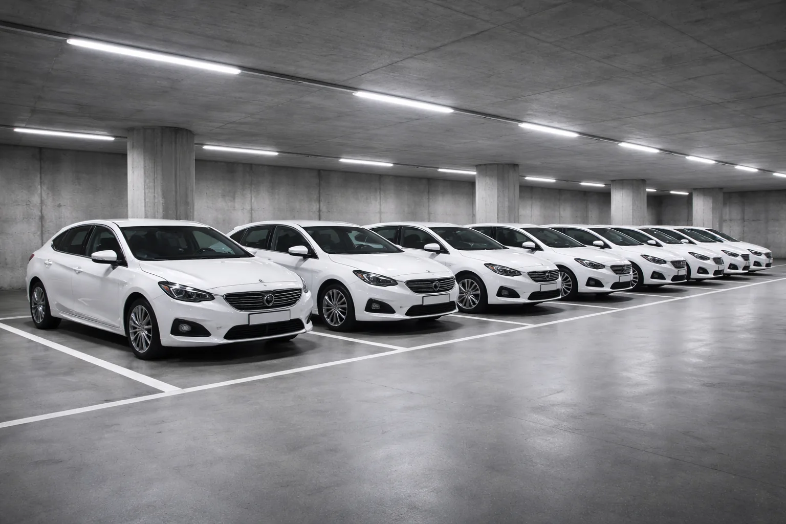 Flotte de véhicules de société blancs alignés