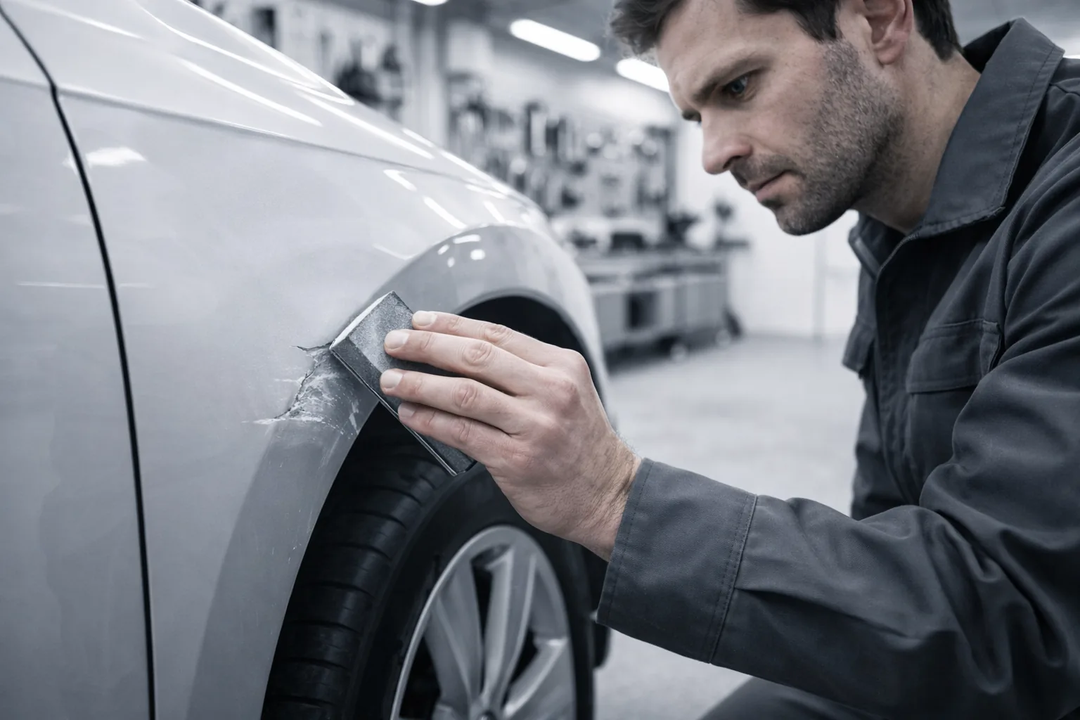 Carrossier professionnel réparant une voiture